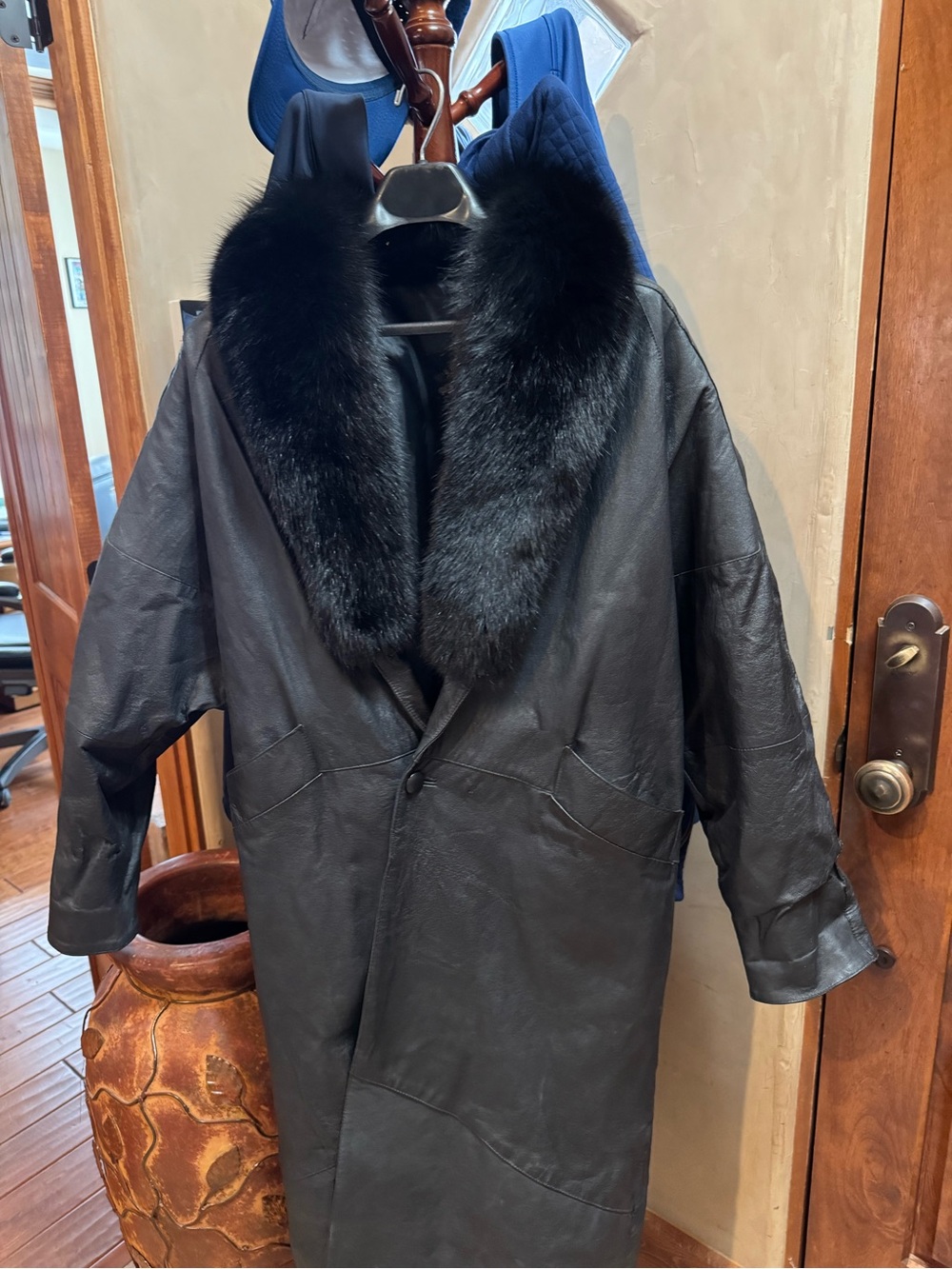 Black Leather Coat with Black Fur Collar - women’s Classic Overcoat
